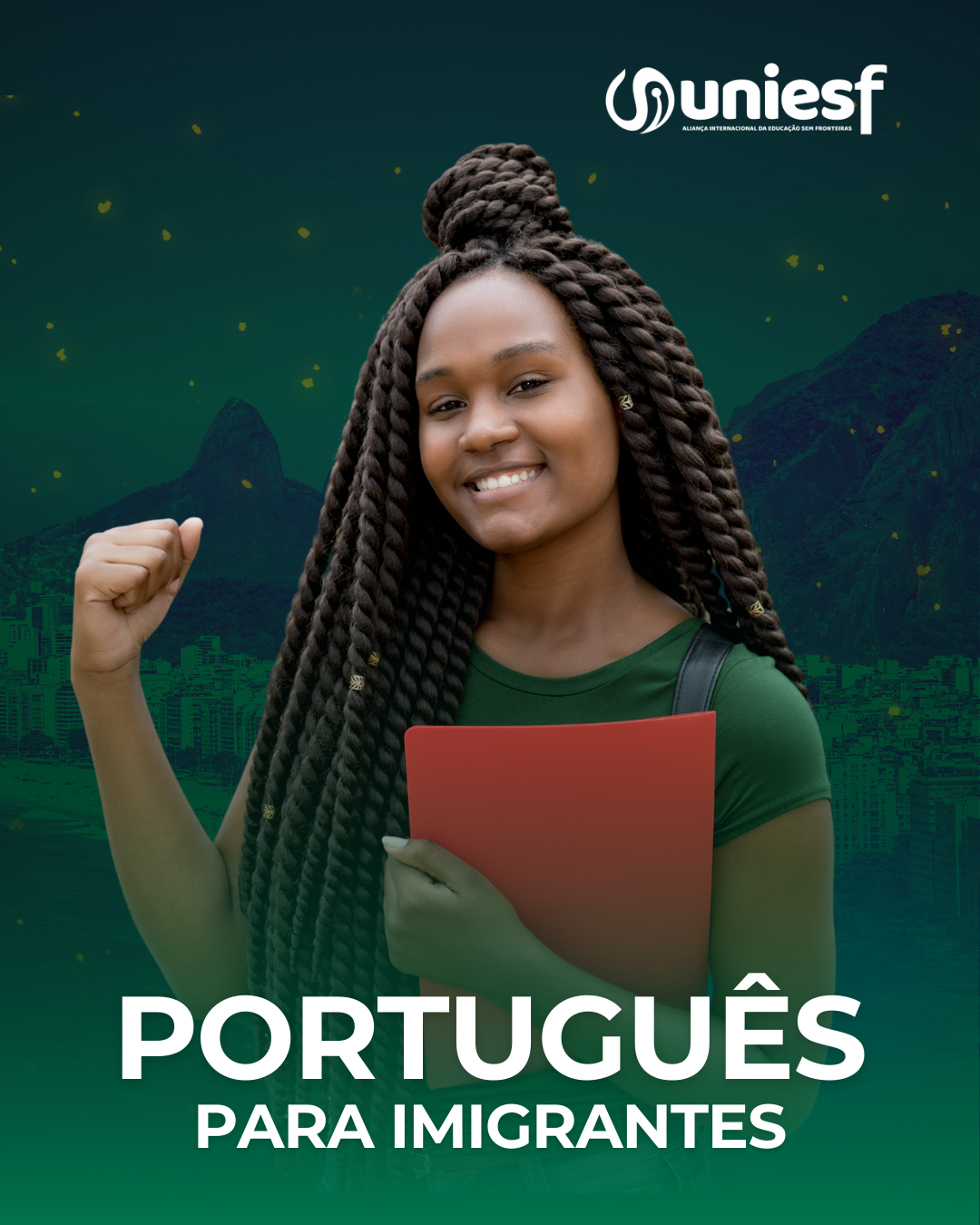 Grupo de estudantes sorrindo ao redor de um laptop